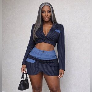 Fashion Nova Navy and Blue Pinstripe Skirt Set